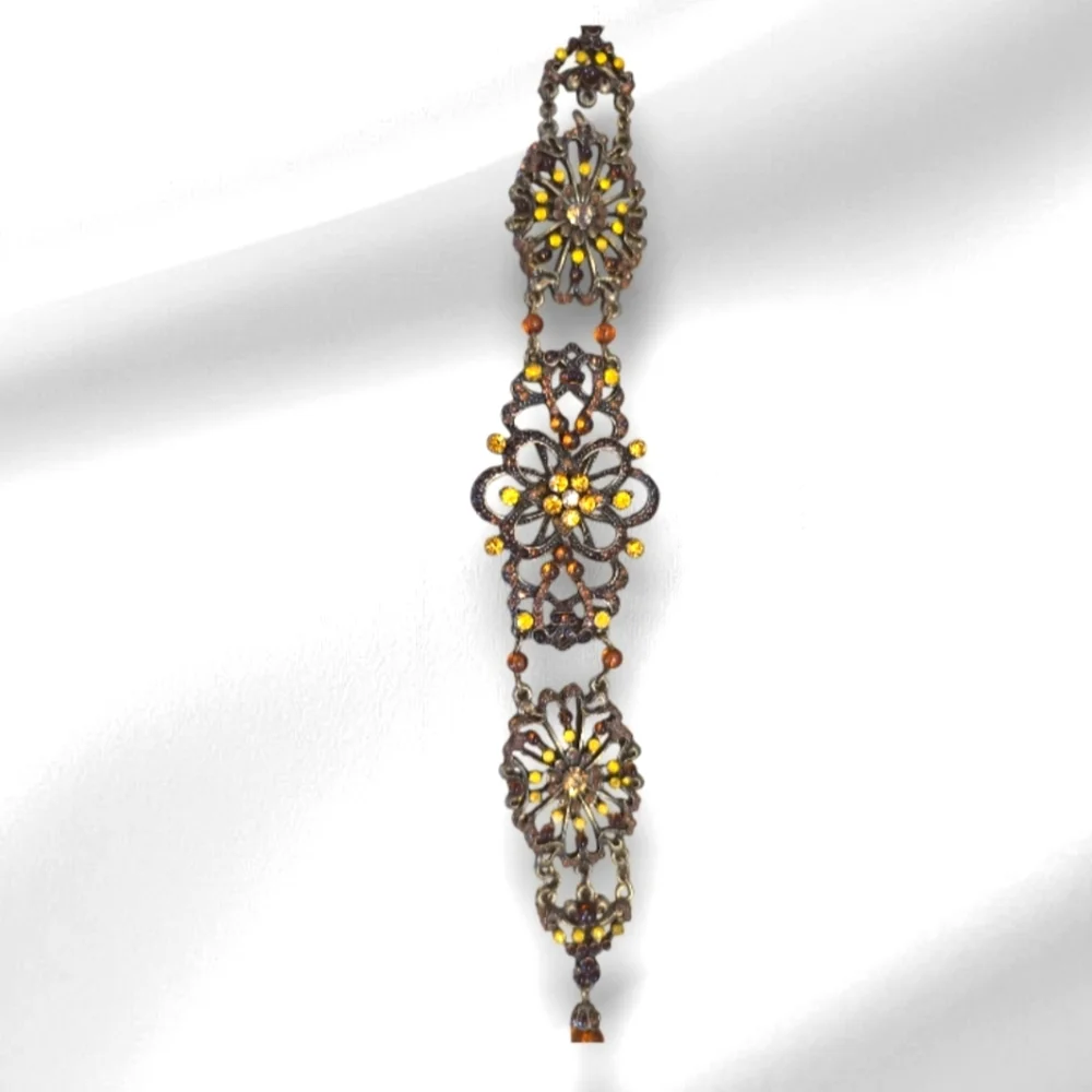 Rare Find, Engraved Signed VCLM Handcrafted Rhinestone & Amber Choker Necklace.